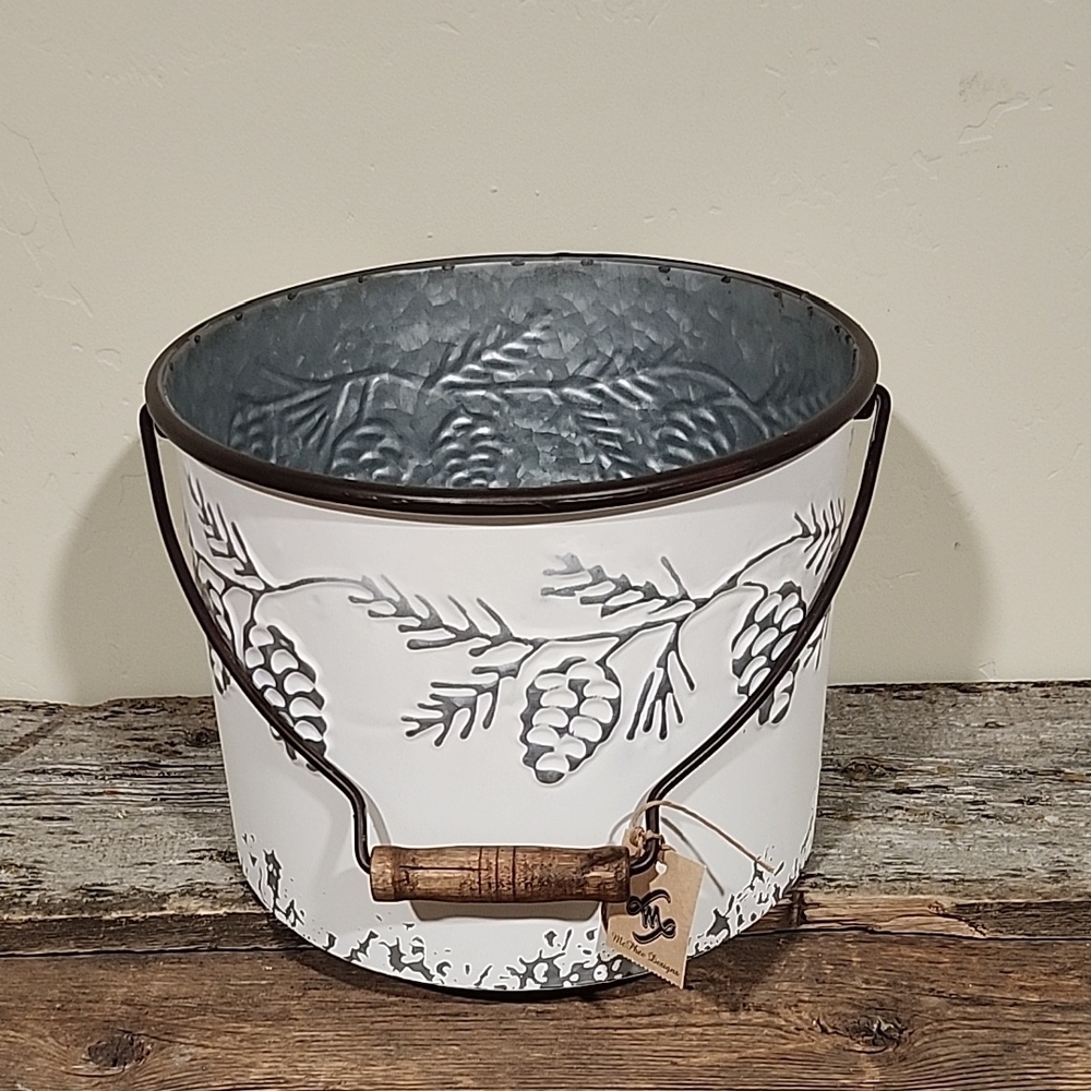 White and Gray Pinecone Embossed Metal Bucket